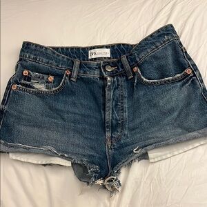 Zara Dark Blue Denim Frayed Shorts